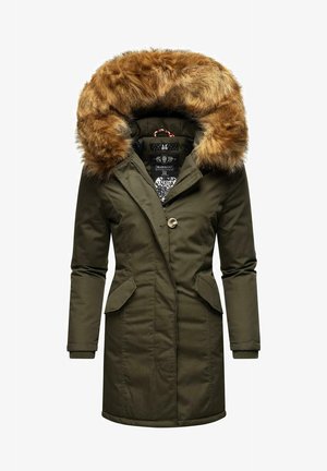 Olive zaļš parka ar mākslīgā kašmira kapuci, pogu aizdari un divām sānu kabatām. Iespējas iebūvēti ribotie aproces un rakstainā iekšējā oderes.