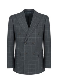 Szary dwurzędowy żakiet w kratę, z wykładanym kołnierzem, czterema czarnymi guzikami i dwiema przednimi kieszeniami. Gładka tekstura materiału.