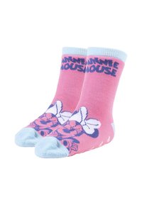 Calzini rosa con accenti blu chiaro, decorati con un design di Minnie Mouse e testo. Tessuto a maglia liscio con talloni e punte rinforzati.