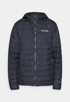 Dark blue insulated jacket with horizontal quilted pattern, zipper front, adjustable hood, and Columbia logo printed on the chest.