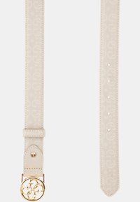Beige leren riem met reliëf logo patroon, ronde gouden gesp en vijf verstelgaten. Glad oppervlak en op maat gemaakte randen.