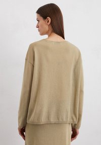 Pull beige à manches longues avec une coupe décontractée. Tissu doux et texturé avec un col rond. Détails de couture sur les épaules, design simple.