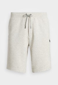 Šedé bavlněné teplákové kraťasy s elastickým pasem, stahovací šňůrkou a vyšitým logem na levé nohavici. Hladký materiál, délka ke kolenům.