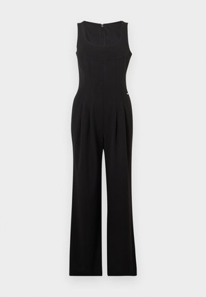Sort jumpsuit med firkantet udskæring, vidde ben, plisseringer foran og lynlås i midten bagpå. Glat, tekstureret stof.