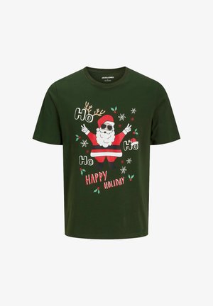 Green cotton t-shirt featuring a cartoon Santa with sunglasses, reindeer antlers, text saying “Ho Ho HAPPY HOLIDAY,” and festive accents.