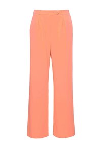 Široké kalhoty v jemné korálové barvě, vyrobené z hladké tkaniny, s knoflíkovým zapínáním a předními sklady pro větší detail.