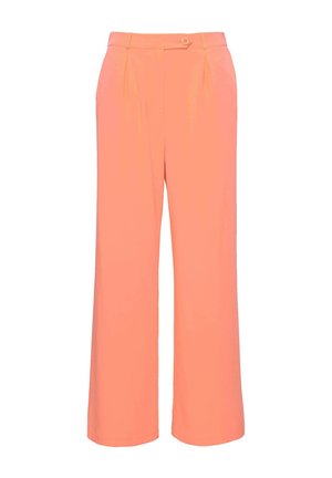 Bredde bukser i en blød koralfarve, lavet af glat stof, med knaplukning og frontfolder for ekstra detalje.