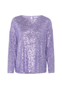 Purple sequin top with long sleeves, round neckline, and loose fit. Features shiny sequins in vertical rows for a textured appearance.