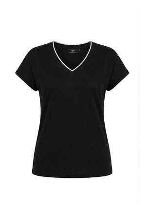 T-shirt noir à manches courtes avec col en V orné d'un liseré blanc, présenté sur un fond blanc uni.