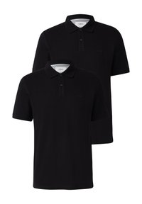 Zwarte polo shirts van katoen. Korte mouwen, twee knoopsluiten en een geborduurd logo op de borst. Bevat een klassiek kraagontwerp.