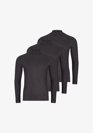 Drei identische dunkelgraue Langarmshirts mit Stehkragen, überlappend angeordnet, von vorne auf weißem Hintergrund dargestellt.