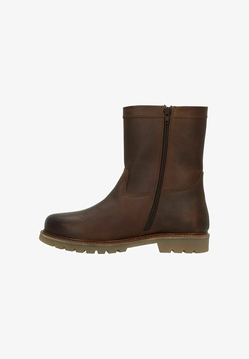 Bruin leren enkelboot met een zijrits, ronde neus, gestructureerd oppervlak en een robuuste zool voor grip. Gladde, gestructureerde vormgeving.