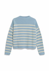 Lichtblauwe trui met crèmekleurige strepen, geribbelde textuur, ronde hals en lange mouwen. Verkort ontwerp met een eenvoudige, strakke afwerking.