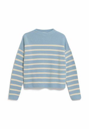 Lichtblauwe trui met crèmekleurige strepen, geribbelde textuur, ronde hals en lange mouwen. Verkort ontwerp met een eenvoudige, strakke afwerking.