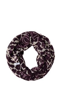 Sciarpa infinita con un motivo a camuffamento viola e beige, realizzata in tessuto leggero, caratterizzata da una texture morbida e un'etichetta con "CECIL."