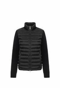 Schwarze Jacke mit gepolsterter Front und gerippten Strickärmeln, Reißverschluss und hohem Kragen für Wärme und Komfort.