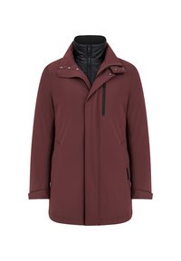 Wodoodporna bordowa kurtka o wyraźnej konstrukcji, z wysokim kołnierzem, kieszeniami na zamek oraz odpinaną czarną podszewką.