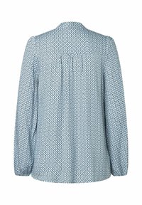 Lange mouw blouse in lichtblauwe stof met een geometrisch patroon, voorzien van een subtiele plooival aan de achterkant en een klassieke kraag.