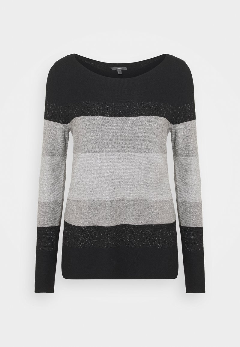 Pull en maille à manches longues avec des blocs de couleurs horizontaux noirs, gris foncé et gris clair, doté d'un large col rond.