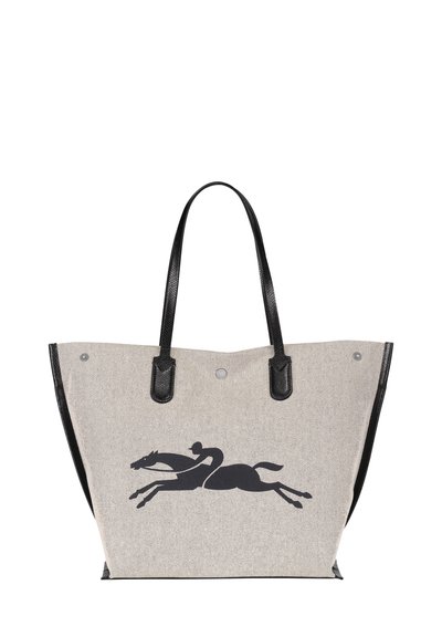 Gray tote bag with black leather handles, featuring a black silhouette of a horse and rider in motion on the front. Textured surface.