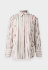 Button-up shirt in cream with vertical stripes in red and navy. Features a chest pocket, standard collar, and long sleeves with cuffs.