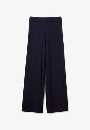Navy wide-leg trousers with a ribbed waistband and cuffs, made from a soft fabric. Features a relaxed fit and minimalist design.