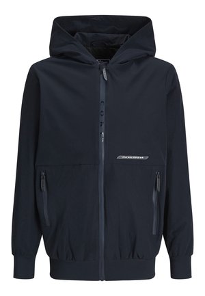 Czarna kurtka z kapturem na zamek błyskawiczny, z elastycznymi mankietami i dołem, dwiema zapinanymi na zamek bocznymi kieszeniami oraz logo Jack & Jones na piersi.