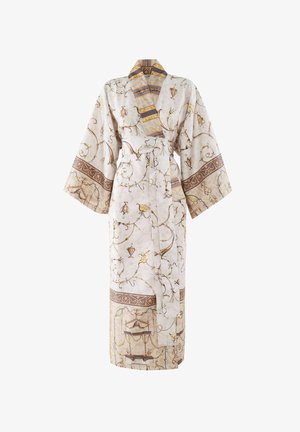 Long cream robe with wide sleeves, gold and brown ornate patterns, and a matching fabric belt tied at the waist.