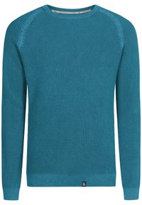 Maglione in maglia turchese con superficie strutturata, colletto a girocollo e polsini e orlo a coste. Presenta maniche raglan e una piccola etichetta con logo.