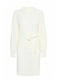 Robe en tricot ivoire avec un col rond, des manches bouffantes longues et une ceinture assortie nouée à la taille. Texture douce, design minimaliste.