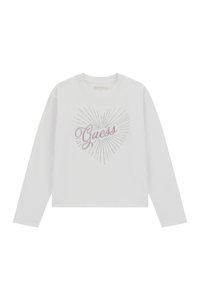 Biała koszulka z długim rękawem z nadrukiem serca i napisem „Guess” w różowym stylu pisma, ozdobiona srebrnymi kryształkami.