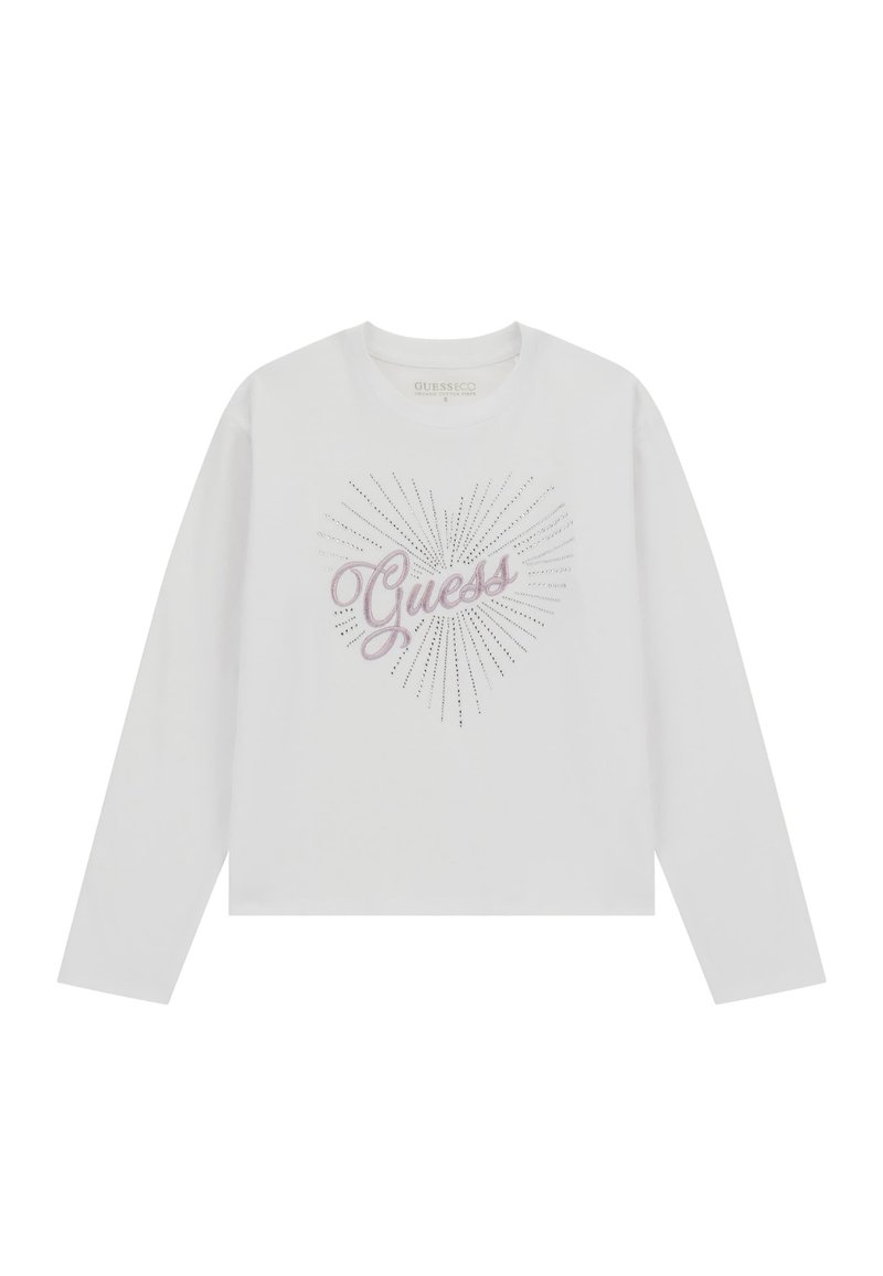 Biała koszulka z długim rękawem z nadrukiem serca i napisem „Guess” w różowym stylu pisma, ozdobiona srebrnymi kryształkami.