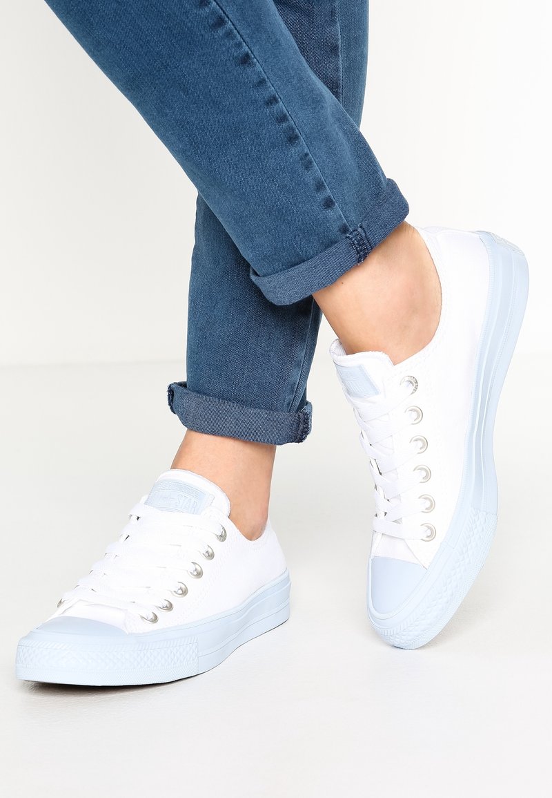 Baskets en toile blanche avec semelles et accents en caoutchouc bleu clair. Caractérisées par un bout arrondi, six œillets et une tige texturée. Portées avec un jean bleu retroussé.