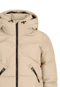 Beige polstret vinterjakke med sort lynlås, justerbar hætte og lynlåslommer på siden.