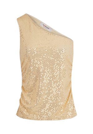 Top oro asimmetrico a spalla unica con superficie testurizzata, caratterizzato da piccoli ritagli circolari e tessuto arricciato sul lato.