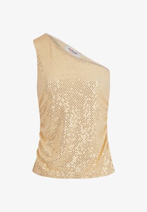 Top dorado asimétrico de un solo hombro con una superficie texturizada, que presenta pequeños recortes circulares y tela fruncida en el costado.