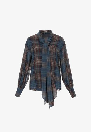 Sinine ruuduline särk pikkade, õhuliste varrukatega, kaela juures lipsuga ja tekstuurse kangaga, millel on punased ja valged aktsendid. Ümar punu.