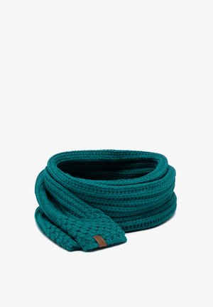 Sciarpa tricotata color turchese con un motivo testurizzato, caratterizzata da una forma ampia e piatta e un piccolo tag in pelle. Materiale morbido e flessibile.