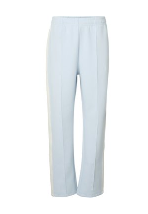 Light blue sweatpants with an elastic waistband and white side stripes, featuring front pockets and straight leg cut.