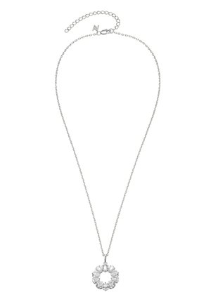 Silver chain necklace with a round pendant of clear, teardrop-shaped stones arranged in a wreath pattern.