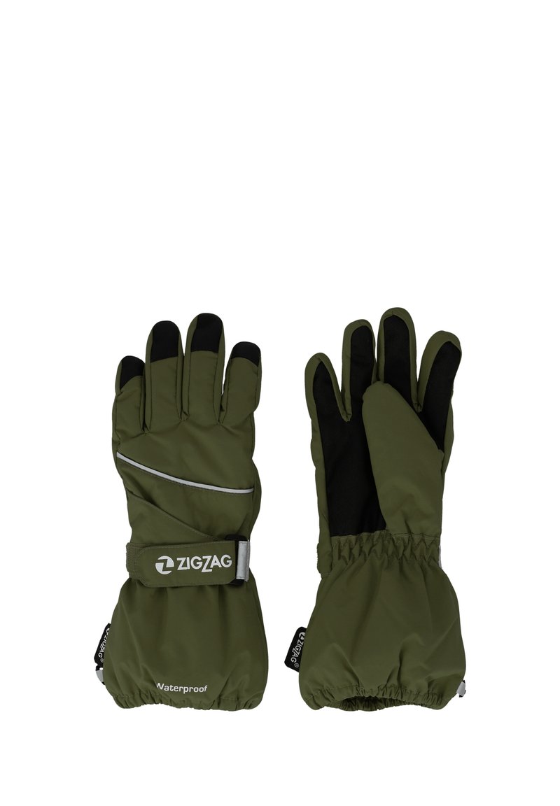 Vattentäta handskar i olivgrön med svarta detaljer. Har en säker manschett, reflexrand och texturerad palm för bra grepp. Zickzack-logotyp finns.