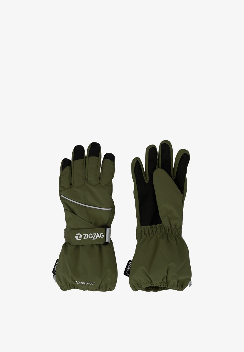 Waterdichte handschoenen in olijfgroen met zwarte accenten. Voorzien van een stevige manchet, reflecterende stripe en een gestructureerde palm voor grip. Zigzag merklogo aanwezig.