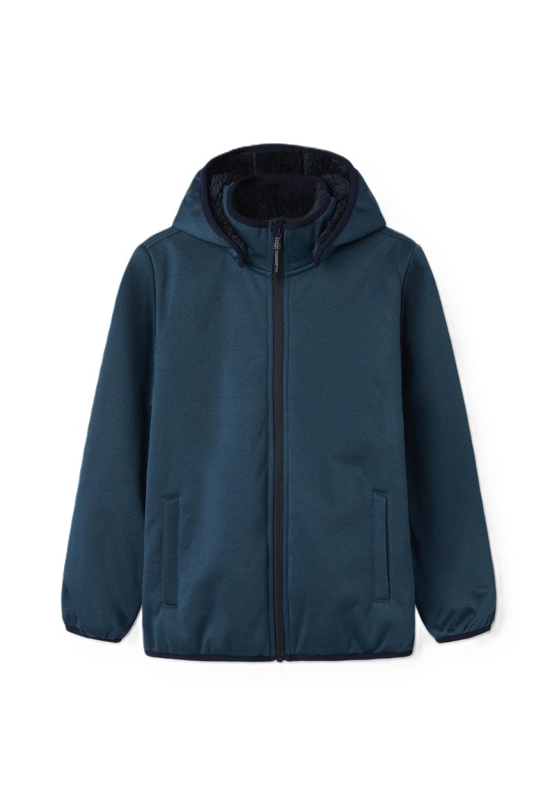 Marineblaue Kapuzenjacke mit Reißverschluss vorne, zwei Seitentaschen und einem weichen, strukturierten Innenfutter. Elastische Bündchen für einen festen Sitz.