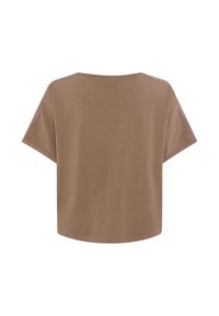 Brun, kortærmet t-shirt med en afslappet pasform. Rund halsudskæring og glat tekstur, med et enkelt design uden mønstre eller accenter.
