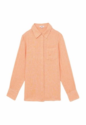 Helle orange Langarmbluse mit Button-down-Kragen, einer einzelnen Brusttasche und einem strukturierten Stoff, der ein dezentes meliertes Muster aufweist.