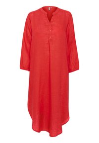Röd linneklänning med V-hals och tre knappar. Har långa ärmar med elastiska manschetter och en lätt rundad fåll för en luftig passform.