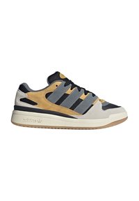 Athletic sneakers with a gray, beige, and black design. Features suede and mesh materials, three black stripes, and a rubber sole.