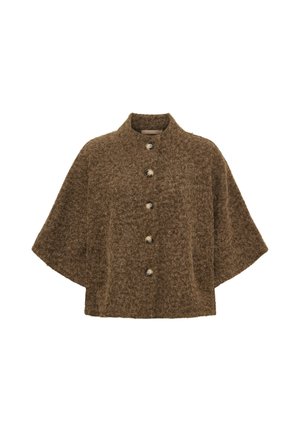 Brun kort fluffy kappe med fem frontknapper og en ståkrave på en hvid baggrund