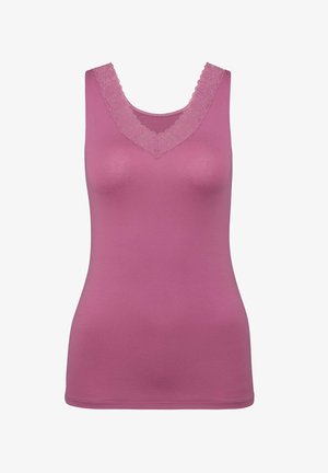 Canotta rosa con scollatura a fascetta e bordo di pizzo, realizzata in un tessuto morbido con una texture liscia e un design aderente.