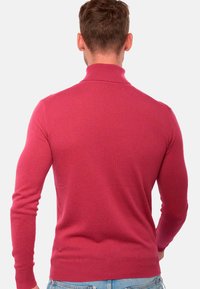 Pullover de couleur framboise, en tissu tricoté. Il dispose d'un col haut et de poignets côtelés, avec une coupe ajustée qui met en valeur la silhouette.